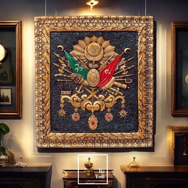Osmanlı Armalı 3D Rölyef Tablo 90x100 cm – Altın Varak Çerçeveli Dev Boy Kabartma Duvar Dekoru