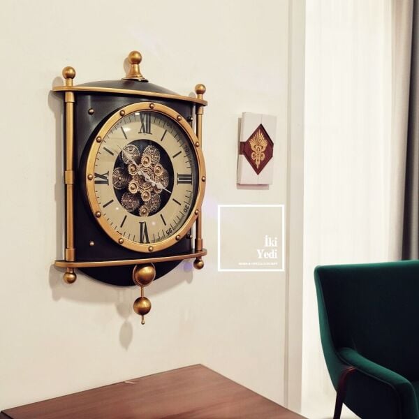 Tourbillon Döner Çarklı Sarkıt Detay Duvar Saati Pirinç Ton Mekanizma Klasik Ev Ofis Dekoru Hediye