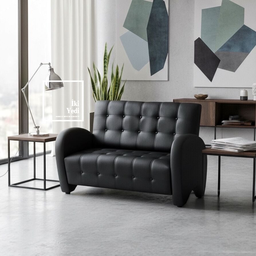 Argent 130 cm İkili Ofis Koltuğu Siyah Bekleme Koltuğu Misafir Dinlenme Koltuğu Büro Salon Düğmeli