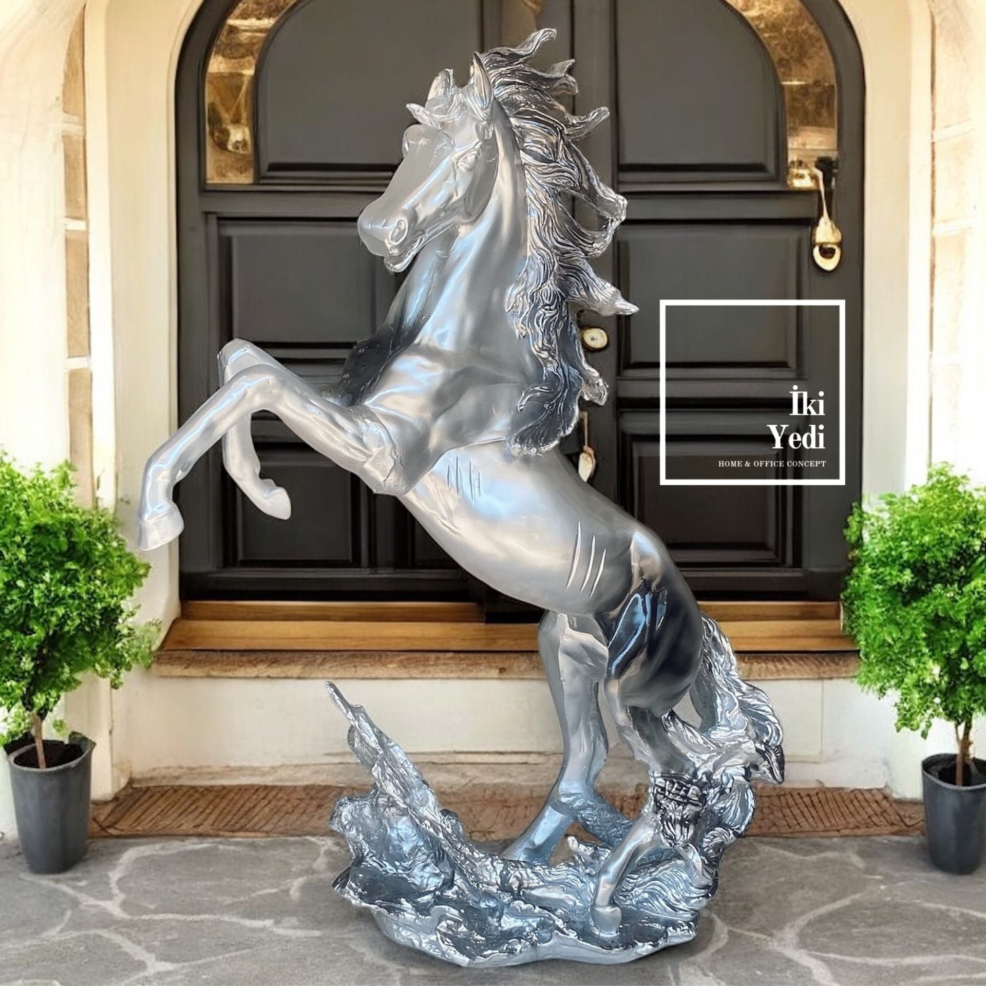 Harris Dev Boyut Gümüş Gri Şahlanan At Heykeli Büyük Ebat 100 cm Dekoratif Objeler Ev Ofis Büro Bahçe Karşılama Hediyelik