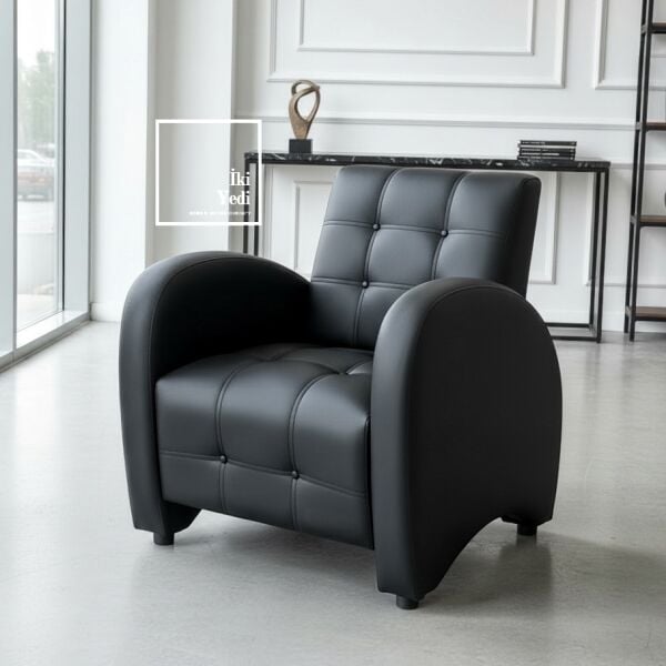 Argent Ofis Koltuk Takımı Siyah Büro Oturma Grubu İkili Koltuk Berjer Ofis Seti Düğmeli Suni Deri