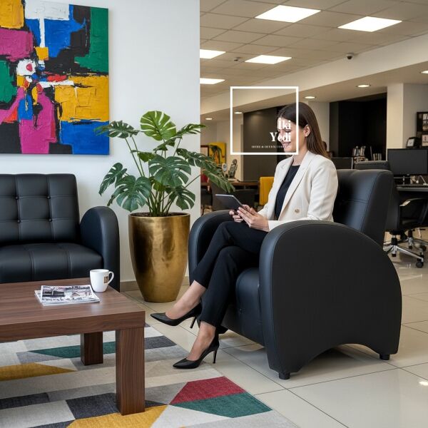 Argent Ofis Koltuk Takımı Siyah Büro Oturma Grubu İkili Koltuk Berjer Ofis Seti Düğmeli Suni Deri