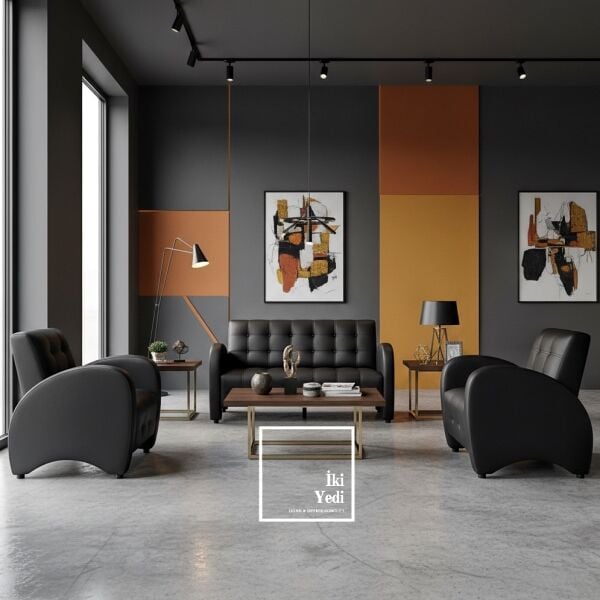 Argent Ofis Koltuk Takımı Siyah Büro Oturma Grubu İkili Koltuk Berjer Ofis Seti Düğmeli Suni Deri