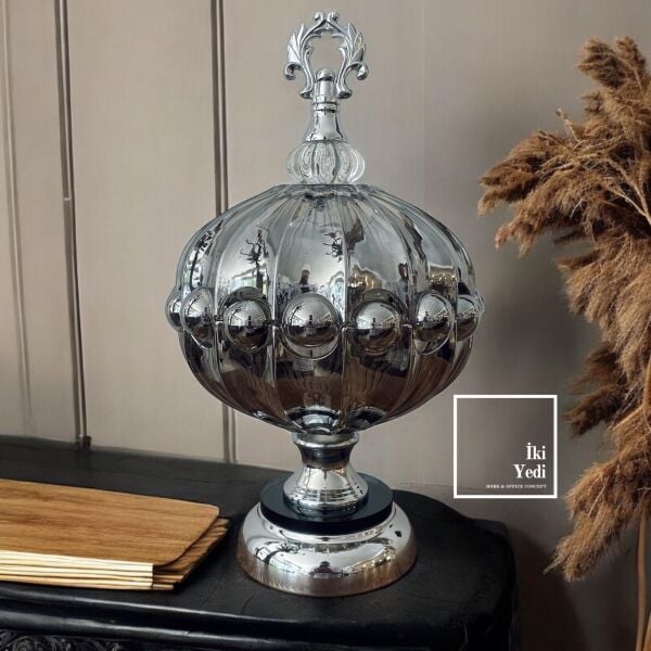 Camille Ayaklı Cam Şekerlik, Krom Gümüş Renk Lüks Dekoratif Kase, Ev Ofis Hediyesi Cam Obje
