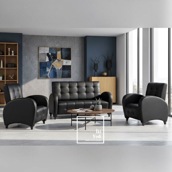 Hausser Makam Oda Takımı Yönetici Masası Koltuklu Ofis Seti Büro Mobilyası Takımı Siyah Beyaz Grup