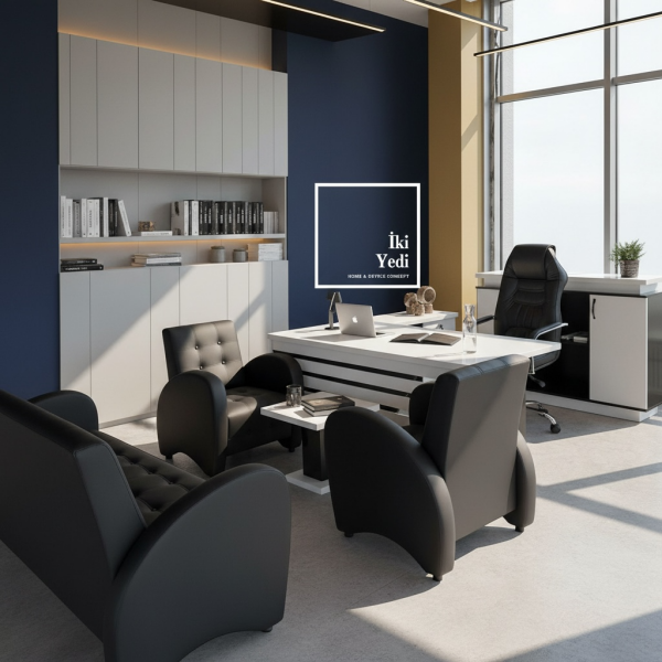 Hausser Makam Oda Takımı Yönetici Masası Koltuklu Ofis Seti Büro Mobilyası Takımı Siyah Beyaz Grup