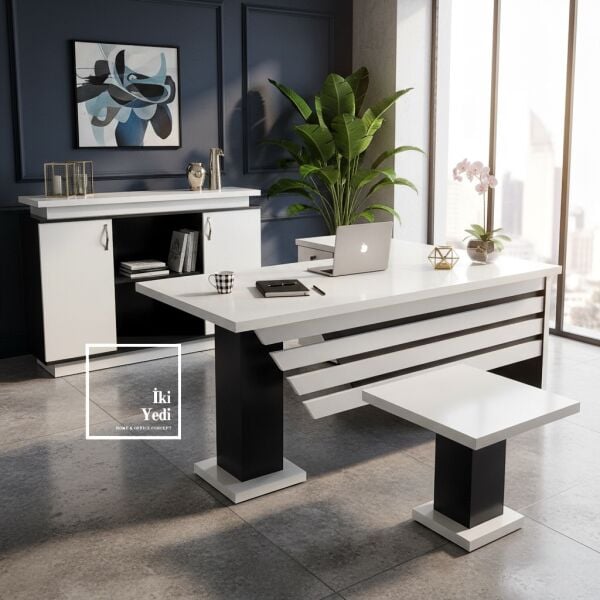 Hausser Makam Oda Takımı Yönetici Masası Koltuklu Ofis Seti Büro Mobilyası Takımı Siyah Beyaz Grup