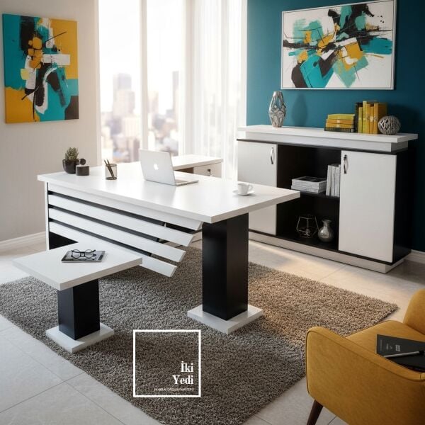 Hausser Makam Oda Takımı Yönetici Masası Koltuklu Ofis Seti Büro Mobilyası Takımı Siyah Beyaz Grup