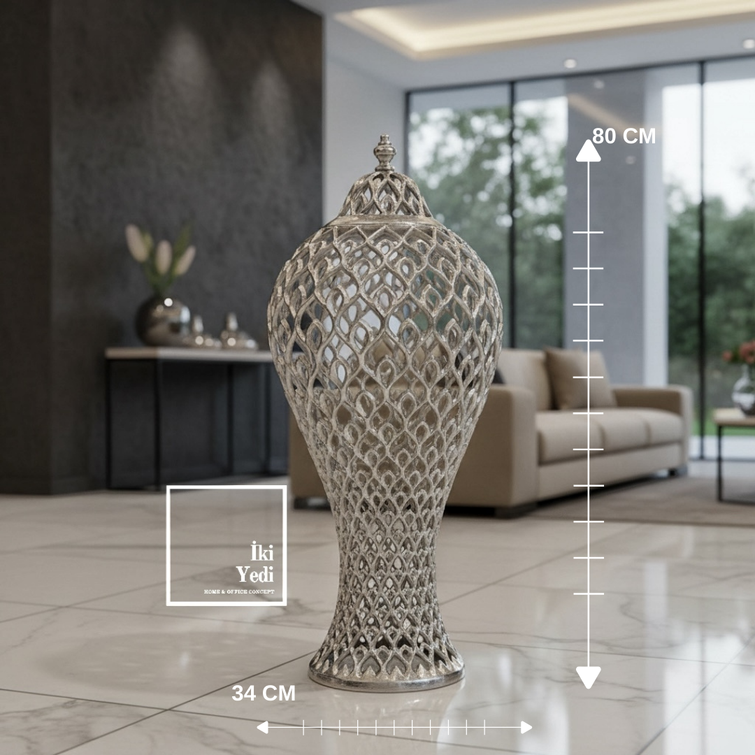 Bethany Gümüş Gri Renk Döküm Metal İşlemeli Büyük Boy Dekoratif Yer Vazosu 80 cm Salon Giriş Dekoru