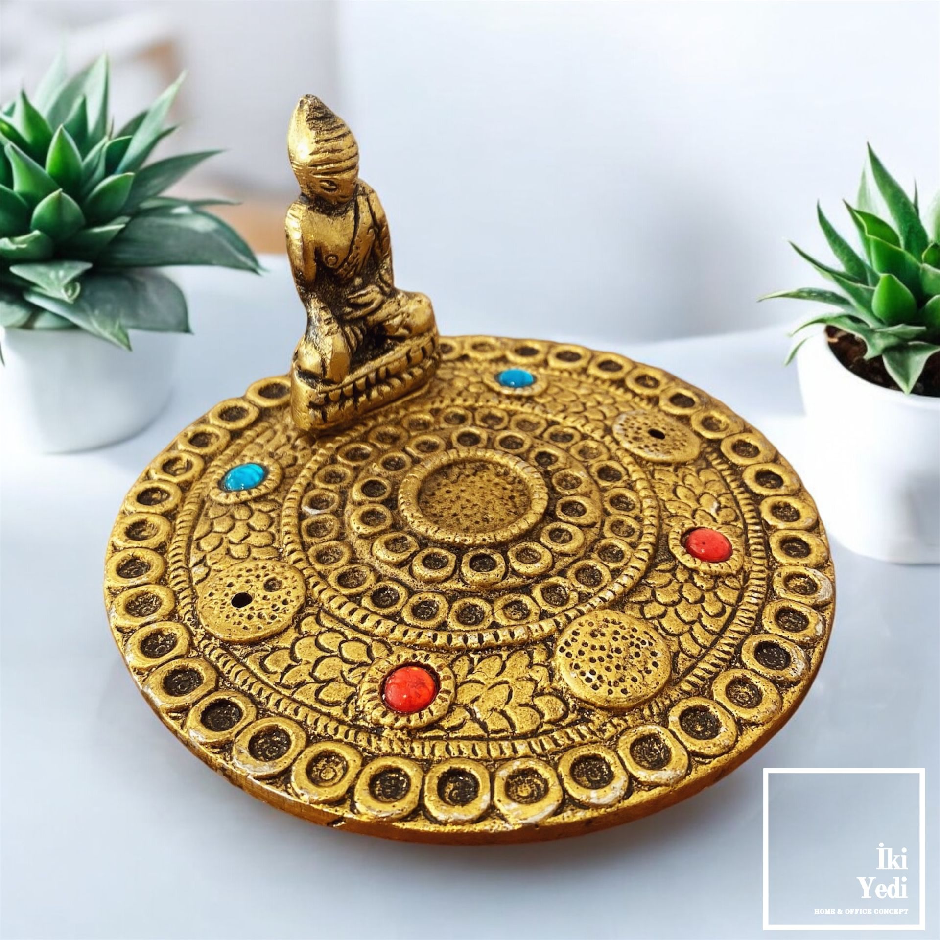 Mullin Buda Figürlü Yuvarlak Metal Tütsülük – Konik ve Çubuk Uyumlu, Meditasyon Tütsü Kabı