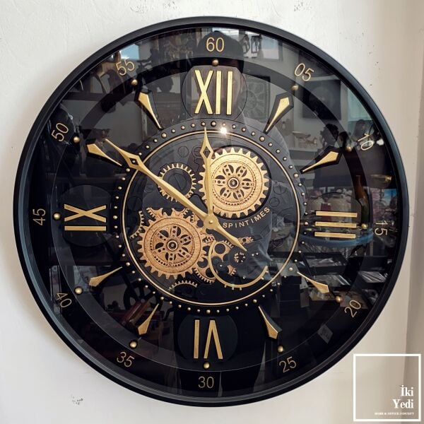 Hubert Siyah Renk 60 cm Döner Çarklı Duvar Saati Metal Mekanizmalı Salon Ofis Duvar Dekoru Hediye