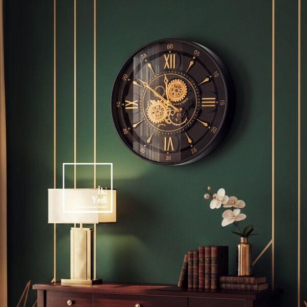Hubert Siyah Renk 60 cm Döner Çarklı Duvar Saati Metal Mekanizmalı Salon Ofis Duvar Dekoru Hediye