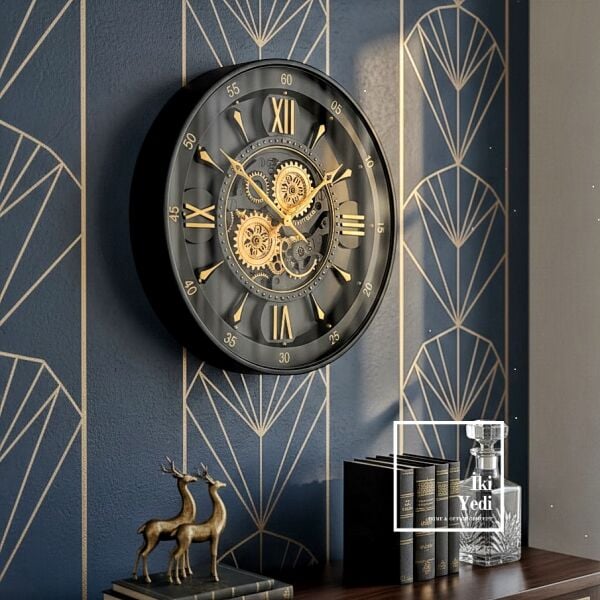 Hubert Siyah Renk 60 cm Döner Çarklı Duvar Saati Metal Mekanizmalı Salon Ofis Duvar Dekoru Hediye