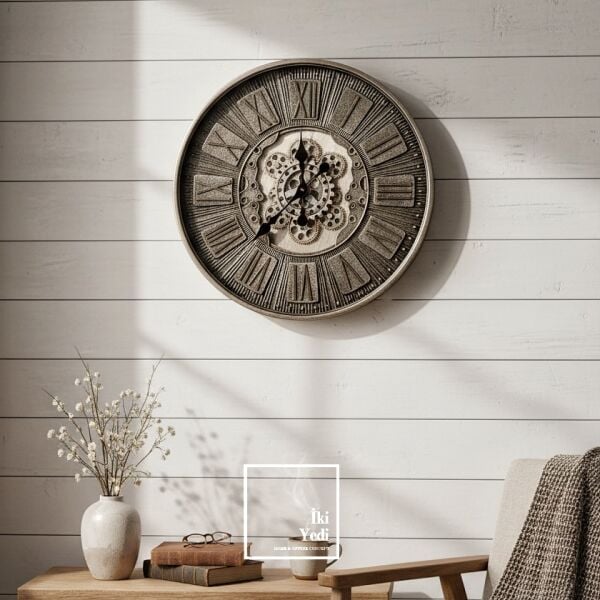 Mechavia : Loft Karakterin Yeni Odak Noktası 60 cm Metal Kasa Döner Çarklı Duvar Saati Ofis Hediye
