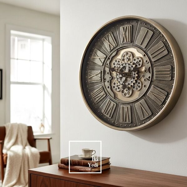 Mechavia : Loft Karakterin Yeni Odak Noktası 60 cm Metal Kasa Döner Çarklı Duvar Saati Ofis Hediye