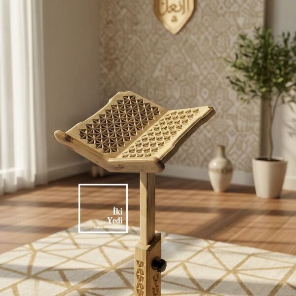 Vuslat 773 Asansörlü Ayarlanabilir Ahşap Ayaklı Rahle, Yer ve Koltuk Üstü Kullanıma Uygun El Oyması