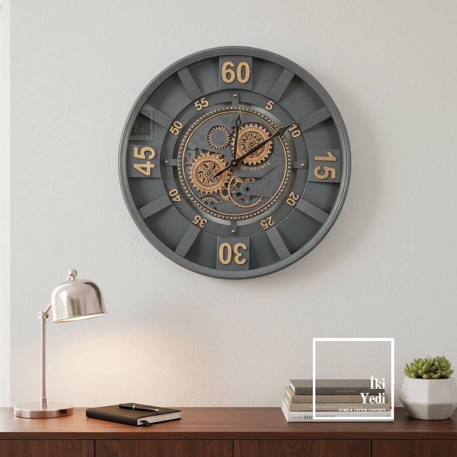 Overspin Antrasit Gri Renk 60 cm Metal Kasa Döner Çarklı Duvar Saati Ofis Hediyesi Dekorasyon Ev İş