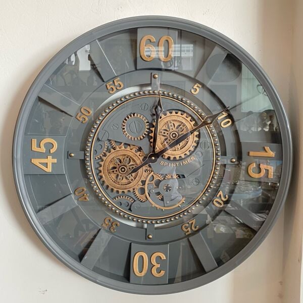 Overspin Antrasit Gri Renk 60 cm Metal Kasa Döner Çarklı Duvar Saati Ofis Hediyesi Dekorasyon Ev İş