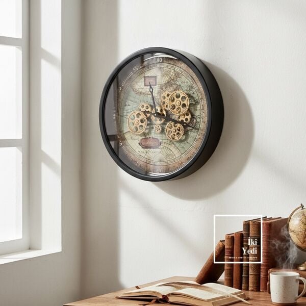 Magallano Edition: Keşif Çağı Ruhu – Döner Çarklı 46 cm Endüstriyel Metal Saat Duvar Saati Ofis Ev