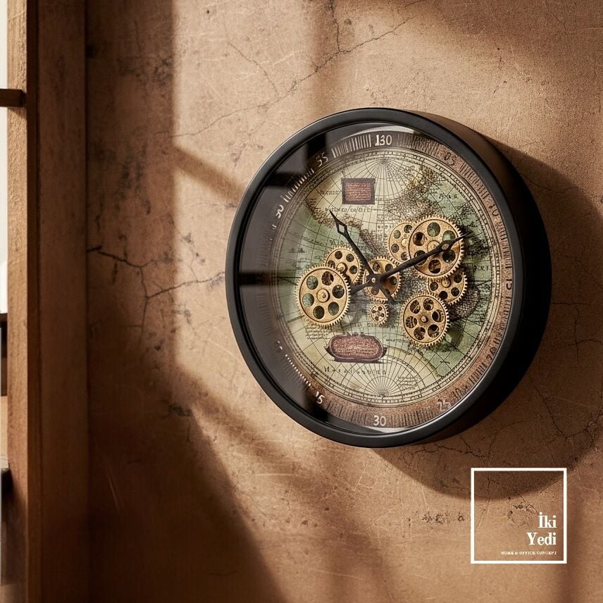 Magallano Edition: Keşif Çağı Ruhu – Döner Çarklı 46 cm Endüstriyel Metal Saat Duvar Saati Ofis Ev