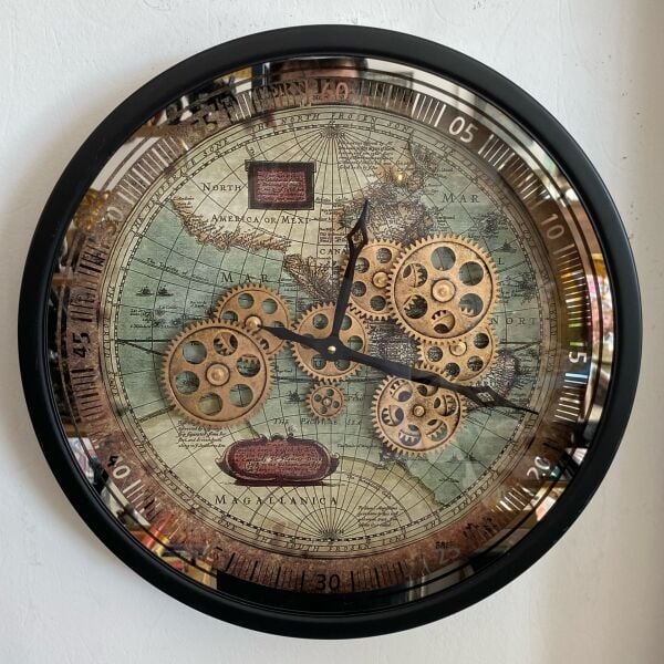 Magallano Edition: Keşif Çağı Ruhu – Döner Çarklı 46 cm Endüstriyel Metal Saat Duvar Saati Ofis Ev