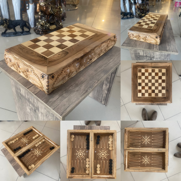 Santos Oyma Desen Masif Ahşap Tavla Takımı Parlak Kaplamalı Antik Tema Unutulmaz Hediye Backgammon