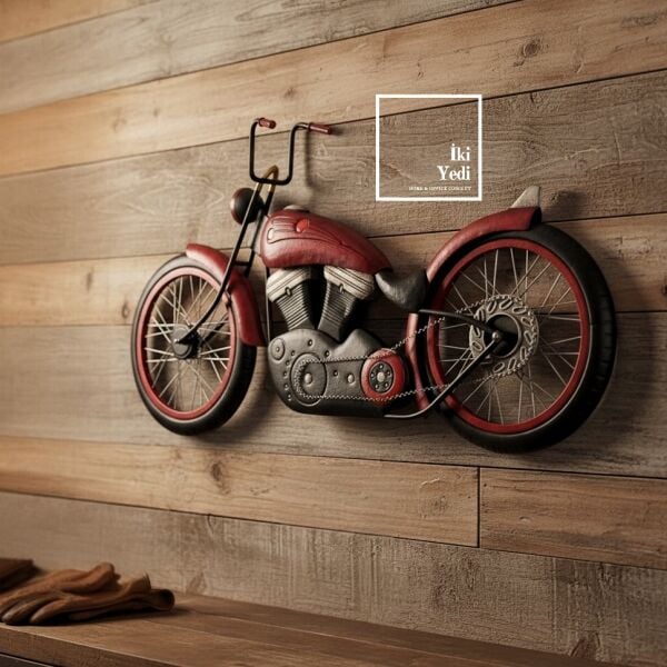 Austin : Yolların Efsanesi 108 cm Vintage Chopper Maketi Duvar Dekoru Kırmızı Metal Motorsiklet