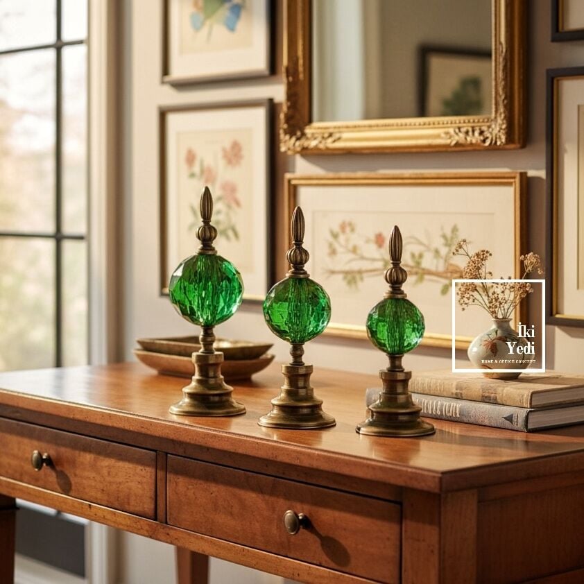 Evinizde Bir İngiliz Klasiği: Buckingham Kristal Zümrüt Yeşili Cam & Bronz 3'lü Dekoratif Obje Seti