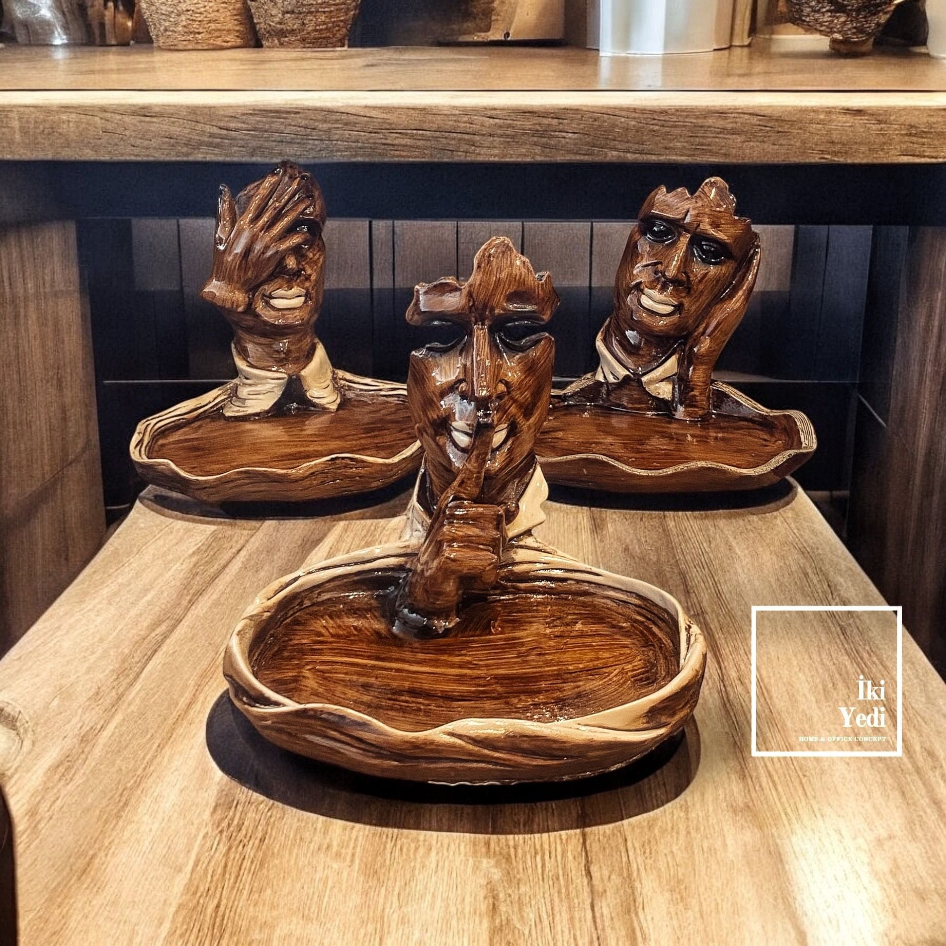 Görmedim Duymadım Bilmiyorum Dekoratif Kase Seti, Ahşap Görünümlü Ev Ofis Hediyelik Objeler