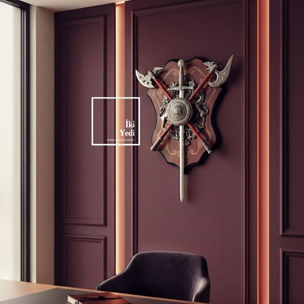 Tricasse 772 Aslan Figürlü Kalkan Duvar Dekoru Çapraz Baltalı Kılıçlı Güç Sembolü Duvar Aksesuarı