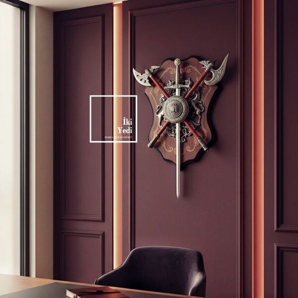 Tricasse 772 Aslan Figürlü Kalkan Duvar Dekoru Çapraz Baltalı Kılıçlı Güç Sembolü Duvar Aksesuarı