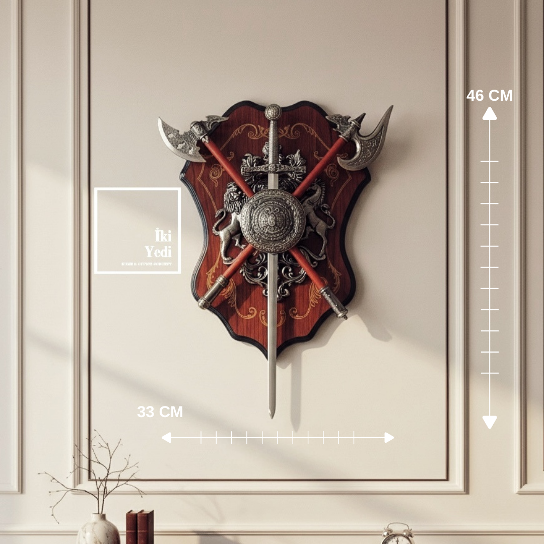 Tricasse 772 Aslan Figürlü Kalkan Duvar Dekoru Çapraz Baltalı Kılıçlı Güç Sembolü Duvar Aksesuarı
