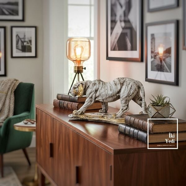 Zaya Bengal Kaplanı Güç Şimdi Masanızda Beyaz Gold Renk Yırtıcı Kaplan Heykeli Dekoratif Obje Biblo
