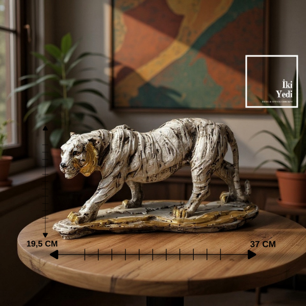 Zaya Bengal Kaplanı Güç Şimdi Masanızda Beyaz Gold Renk Yırtıcı Kaplan Heykeli Dekoratif Obje Biblo