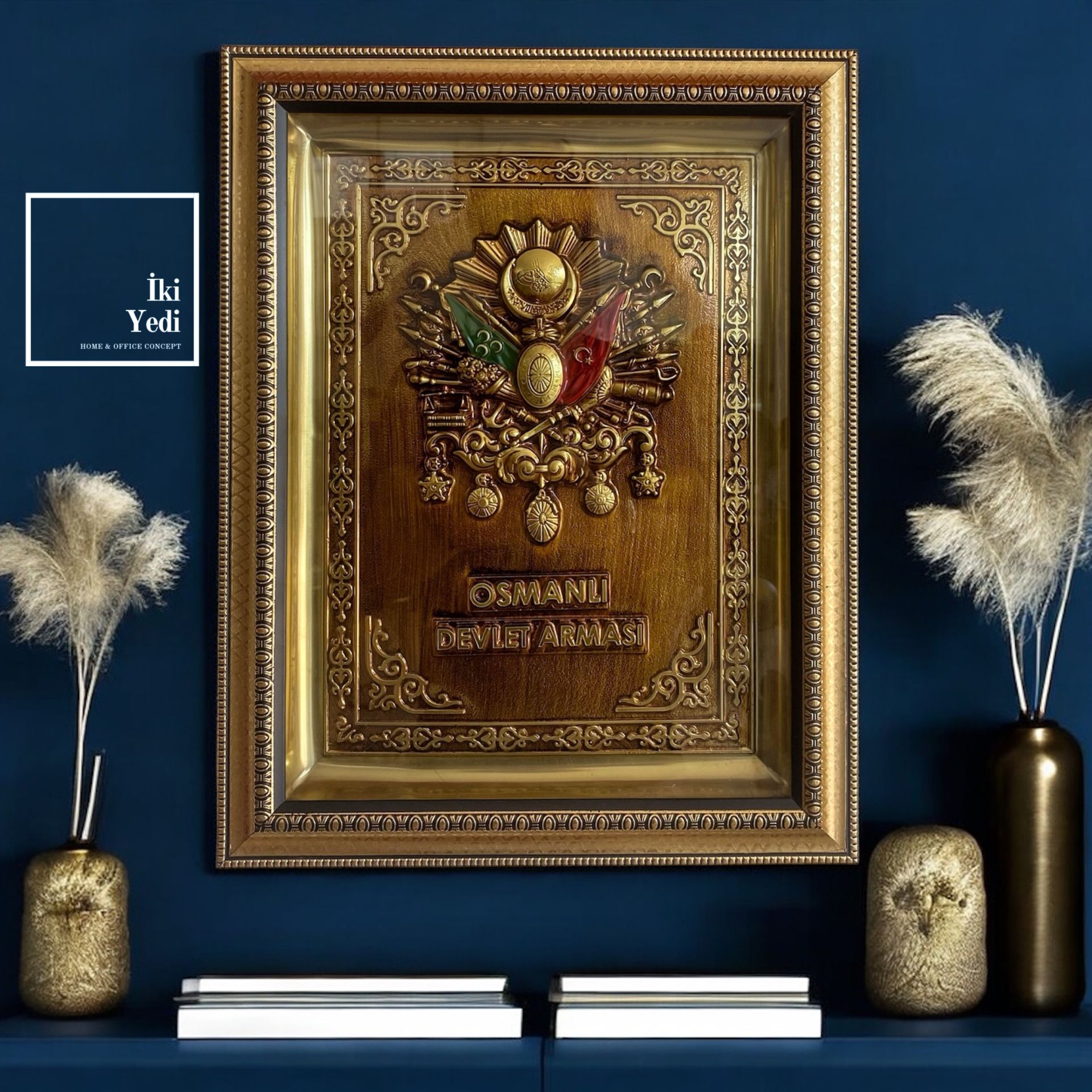 Osmanlı İmparatorluğu 36 x 46 cm Altın Varak Çerçeve 3 Boyutlu Rölyef Tablo Lüks Duvar Dekorasyonu Kabartma Devlet Arması Türk Tarihi