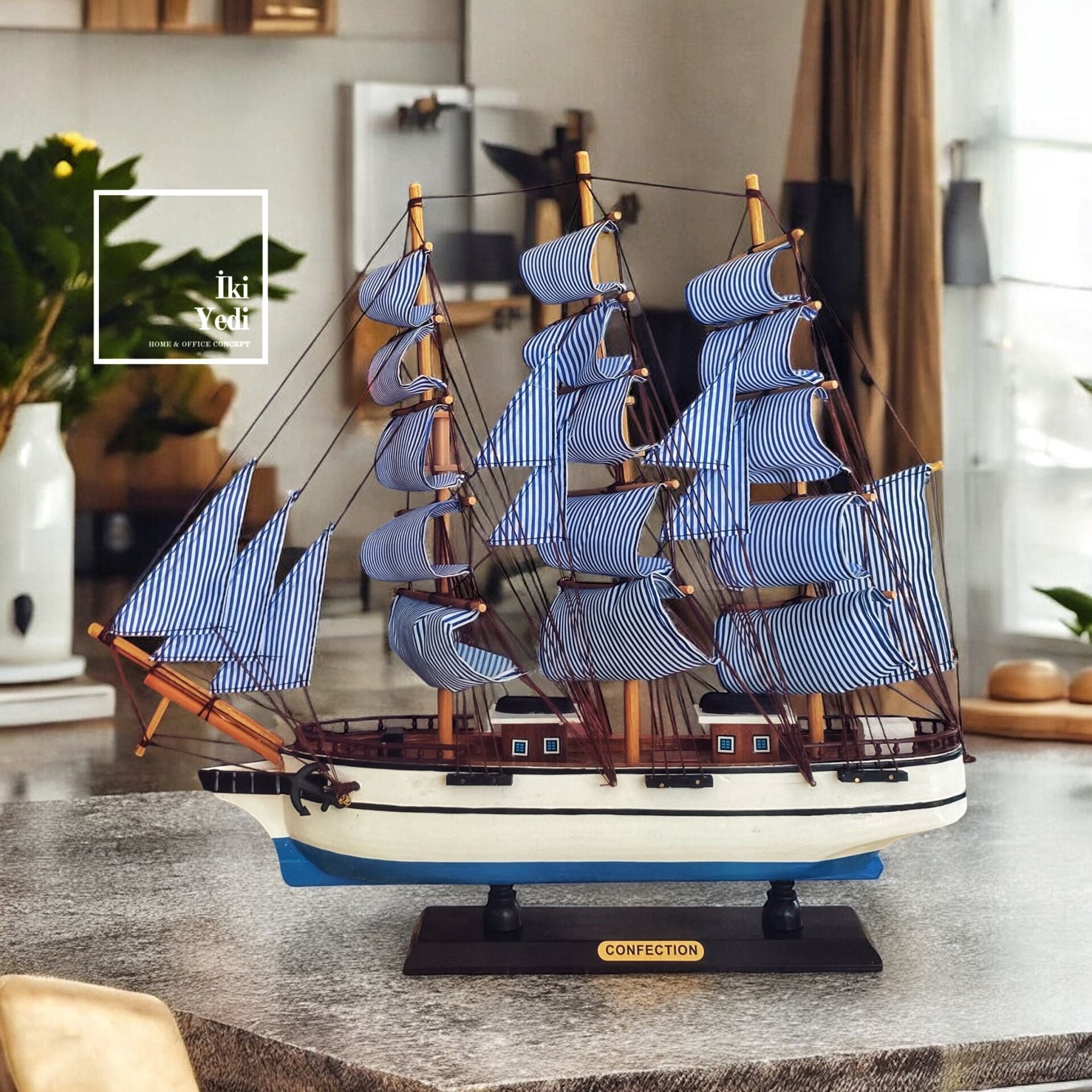 Barnabas 50 cm Ahşap Yelkenli Gemi Maketi Büyük Boy Dekoratif Obje Mavi Beyaz Denizcilik Temalı Süs