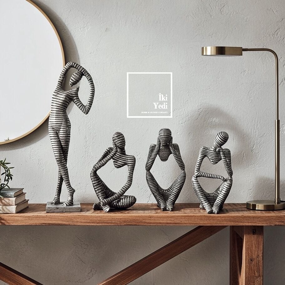 Fringe Gri İnsan Figürleri 4’lü Dekoratif Biblo Seti Modern Ev Ofis Masa Üstü Obje Hediyelik Eşya
