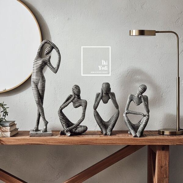 Fringe Gri İnsan Figürleri 4’lü Dekoratif Biblo Seti Modern Ev Ofis Masa Üstü Obje Hediyelik Eşya