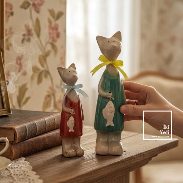 Minyola El Yapımı Seramik Kedi İkilisi Balıkçı Kediler Figür Seti Vintage Dekoratif Obje Hediyelik