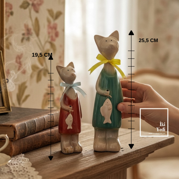 Minyola El Yapımı Seramik Kedi İkilisi Balıkçı Kediler Figür Seti Vintage Dekoratif Obje Hediyelik