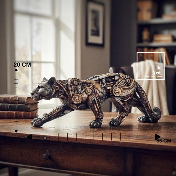 NYTROX Steampunk Mekanik Leopar Heykeli 55 cm Endüstriyel Tasarım Dekoratif Obje İş Ofis Hediyesi