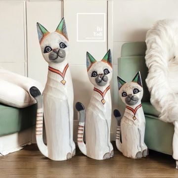 Tizzy 50 cm 3’lü Ahşap Kedi Figürü Takımı El Yapımı Otantik Dekoratif Objeler Hediye