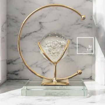 Clement Hilal Figürlü Cam Küreli Obje, Gold Metal Dekoratif Aksesuar, Ev Ofis Hediyelik Süs