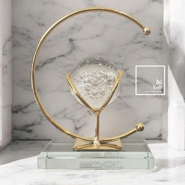Clement Hilal Figürlü Cam Küreli Obje, Gold Metal Dekoratif Aksesuar, Ev Ofis Hediyelik Süs