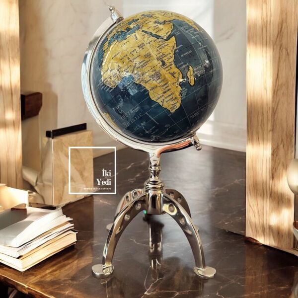 Michigan Krom Ayaklı 40 cm Dünya Küresi, Lacivert Mavi Yerküre, Lüks Ofis Hediyesi Obje