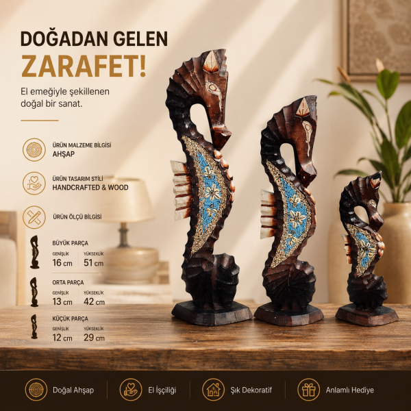 Seory: 3’lü Ahşap Denizatı Heykeli El Yapımı Denizci Obje Marin Dekorasyon Hediyelik Eşyalar Figür