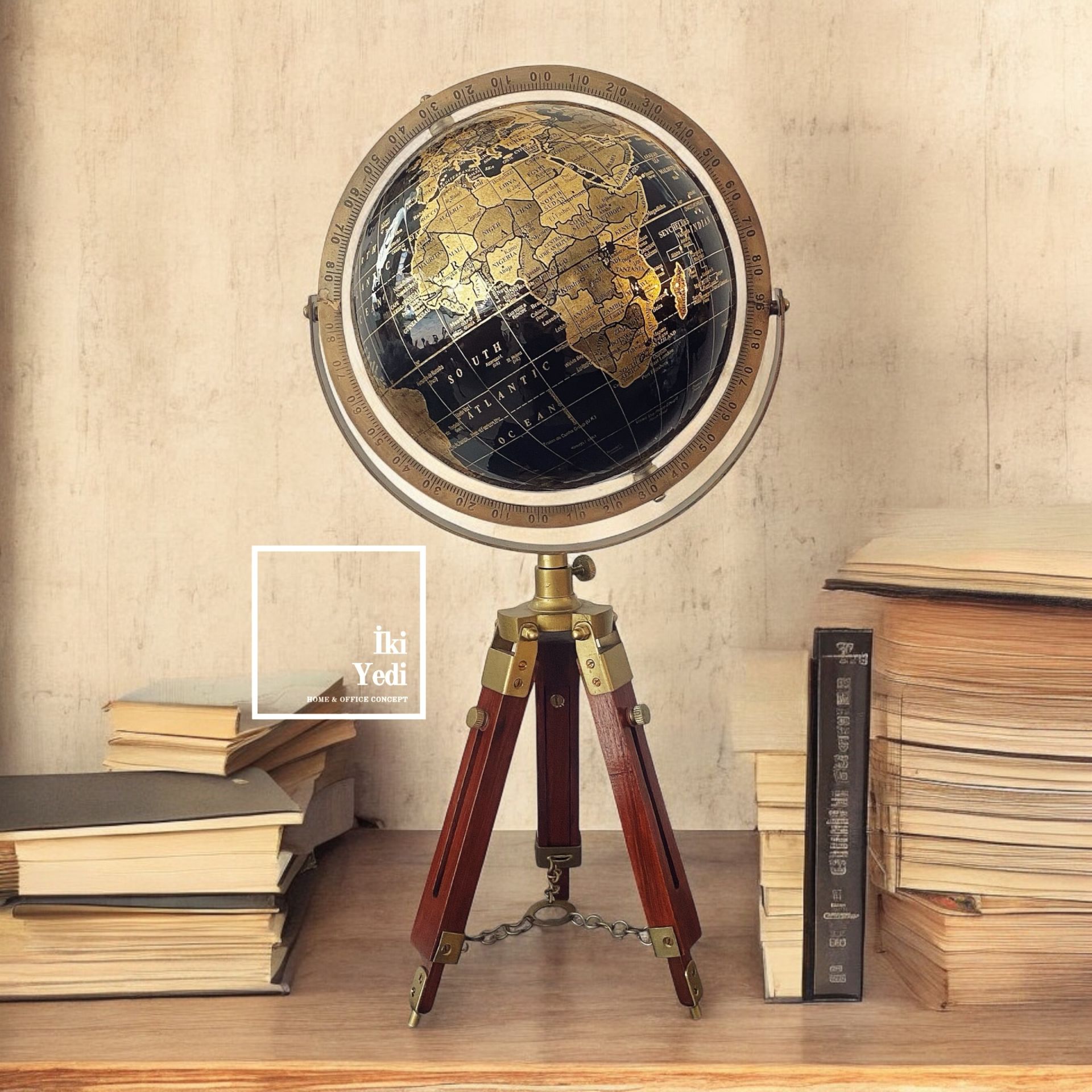 Chambers Ahşap Tripod Ayaklı 50 Cm Gold Siyah Dünya Küresi Lüks Şık Ofis Hediyesi Antik Büro Dekoratif Objeler