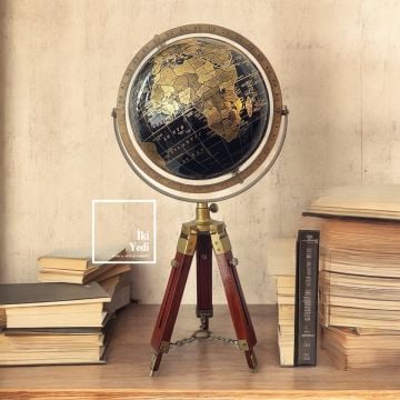 Chambers Ahşap Tripod Ayaklı 50 Cm Gold Siyah Dünya Küresi Lüks Şık Ofis Hediyesi Antik Büro Dekoratif Objeler