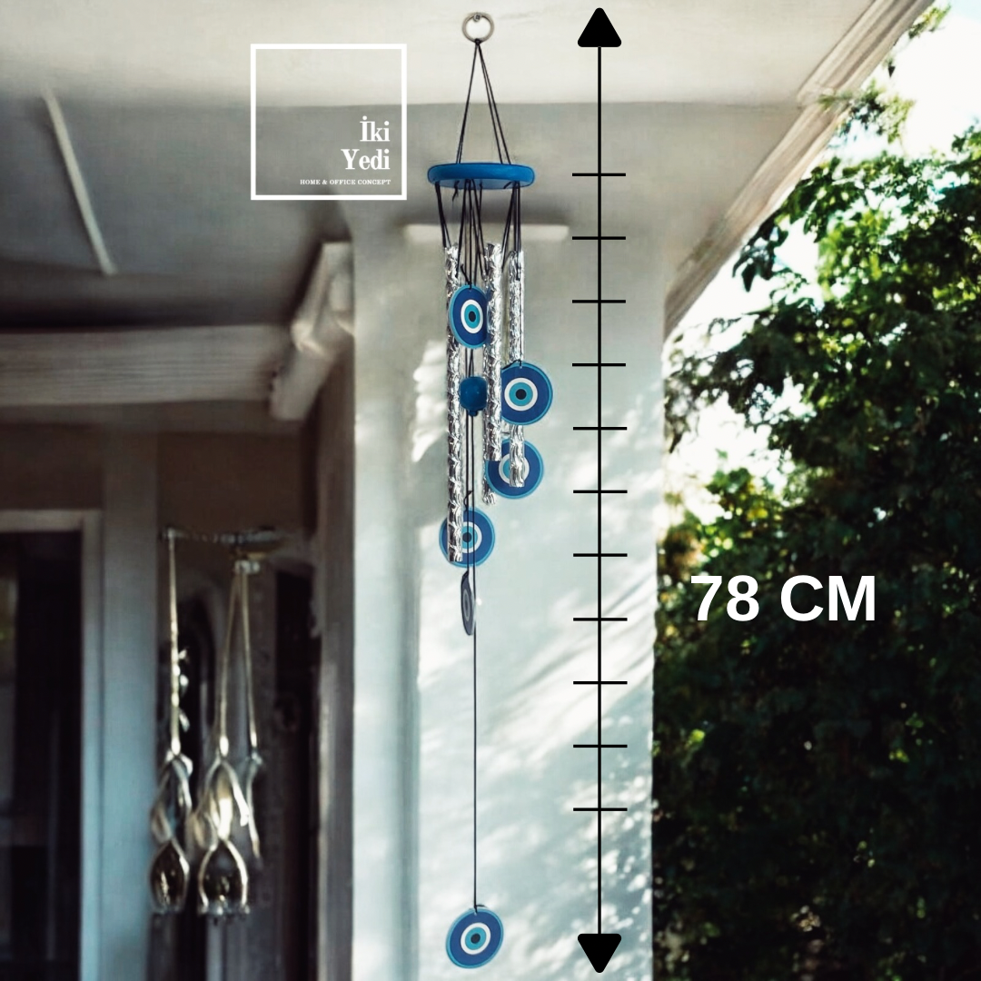 WB77-5 78 cm Nazar Boncuklu Metal Rüzgar Çanı – Bahçe Balkon İçin Dekoratif Koruma Çanı Hediyelik
