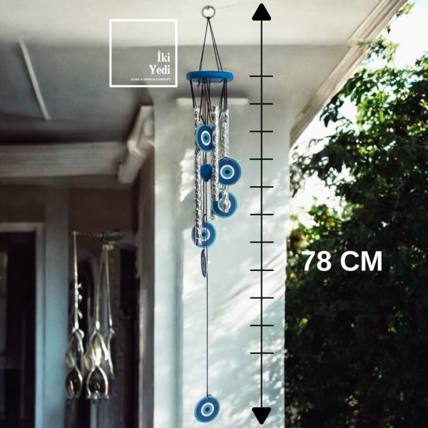 WB77-5 78 cm Nazar Boncuklu Metal Rüzgar Çanı – Bahçe Balkon İçin Dekoratif Koruma Çanı Hediyelik